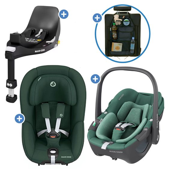 Maxi-Cosi 3in1 Babyschale & Reboarder-Set FamilyFix 360 ab Geburt bis 4 Jahre (40 - 105 cm) mit Babyschale Pebble 360 & Kindersitz Pearl 360 inkl. Isofix-Basis FamilyFix & Rückenlehnenschutz - Green