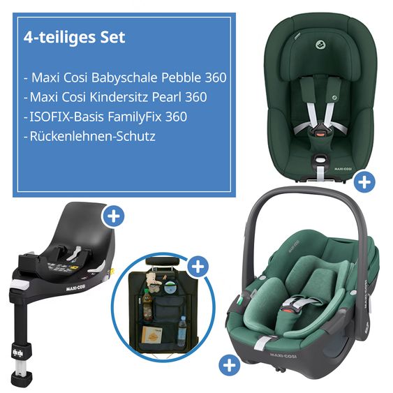 Maxi-Cosi 3in1 Babyschale & Reboarder-Set FamilyFix 360 ab Geburt bis 4 Jahre (40 - 105 cm) mit Babyschale Pebble 360 & Kindersitz Pearl 360 inkl. Isofix-Basis FamilyFix & Rückenlehnenschutz - Green