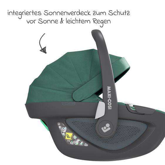 Maxi-Cosi 3in1 Babyschale & Reboarder-Set FamilyFix 360 ab Geburt bis 4 Jahre (40 - 105 cm) mit Babyschale Pebble 360 & Kindersitz Pearl 360 inkl. Isofix-Basis FamilyFix & Rückenlehnenschutz - Green