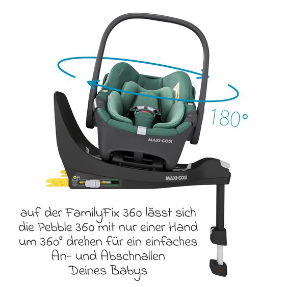 Maxi-Cosi 3in1 Babyschale & Reboarder-Set FamilyFix 360 ab Geburt bis 4 Jahre (40 - 105 cm) mit Babyschale Pebble 360 & Kindersitz Pearl 360 inkl. Isofix-Basis FamilyFix & Rückenlehnenschutz - Green