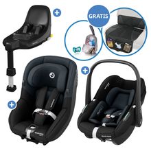 3in1 Babyschalen & Kindersitz-Set FamilyFix S ab Geburt bis 4 Jahre (40cm - 105 cm mit Babyschale Pebble S & Kindersitz Pearl S inkl. Isofix-Basis FamilyFix S, Schutzunterlage & Schnullertasche - Tonal Black