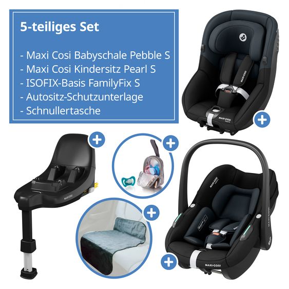 Maxi-Cosi 3in1 infant car seat & child seat set FamilyFix S from birth to 4 years (40cm - 105 cm with infant car seat Pebble S & child seat Pearl S incl. Isofix base FamilyFix S, protective pad & pacifier bag - Tonal Black