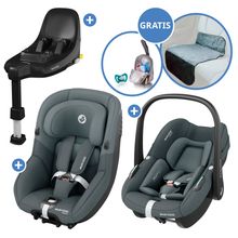 Set seggiolino auto e seggiolino per bambini 3in1 FamilyFix S dalla nascita ai 4 anni (40 cm - 105 cm con seggiolino auto Pebble S e seggiolino per bambini Pearl S incl. base Isofix FamilyFix S, tappetino protettivo e borsa portaciuccio - Tonal Graphite