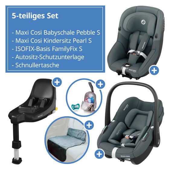 Maxi-Cosi 3in1 infant car seat & child seat set FamilyFix S from birth to 4 years (40cm - 105 cm with infant car seat Pebble S & child seat Pearl S incl. Isofix base FamilyFix S, protective pad & pacifier bag - Tonal Graphite