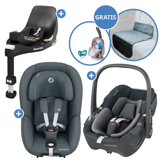Maxi-Cosi 3in1 Babyschale & Reboarder-Set FamilyFix 360 ab Geburt bis 4 Jahre (40 cm - 105 cm) mit Babyschale Pebble 360 & Kindersitz Pearl 360 inkl. Isofix-Basis FamilyFix, Schutzunterlage & Schnullertasche - Graphite