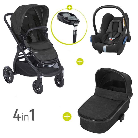 Maxi-Cosi 4 in 1 Kinderwagen-Set Adorra inkl. Babywanne Oria, Babyschale Cabriofix & FamilyFix - Nomad Black