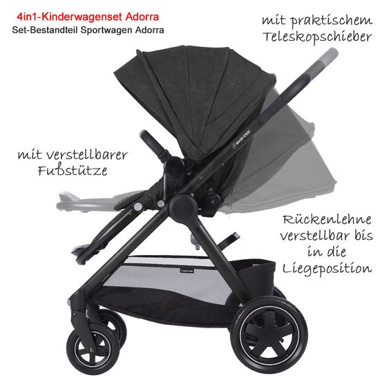 Maxi-Cosi 4 in 1 Kinderwagen-Set Adorra inkl. Babywanne Oria, Babyschale Cabriofix & FamilyFix - Nomad Black