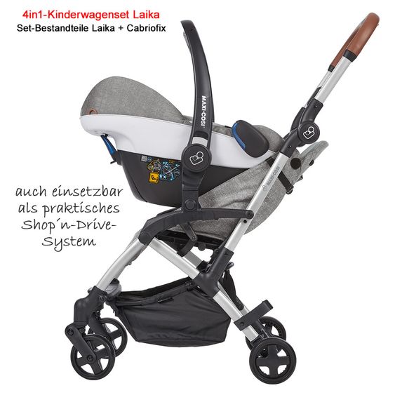 Maxi-Cosi 4 in 1 Kinderwagen-Set Laika inkl. Tragetasche, Babyschale Cabriofix & FamilyFix - Nomad Grey