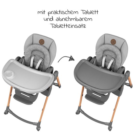 Maxi-Cosi 6in1 Hochstuhl Minla mitwachsend ab Geburt-6 Jahre Hochstuhl, Babyliege mit Liegefunktion & Tablett - Essential Grey