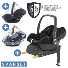 Babyschale Babyschale CabrioFix i-Size ab Geburt - 12 Monate (40-75 cm) & Isofix-Basis, Sitzverkleinerer, Sonnenverdeck, Regenschutz, Insektenschutz - Essential Black