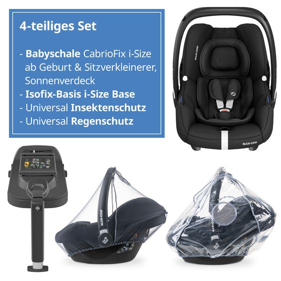 Maxi-Cosi Seggiolino auto CabrioFix i-Size dalla nascita a 12 mesi (40-75 cm) e base Isofix, riduttore di seduta, capottina, parapioggia, zanzariera - Essential Black