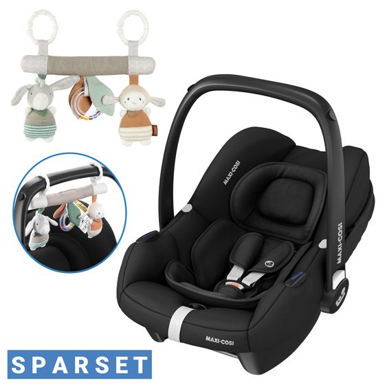 Maxi-Cosi Infant car seat CabrioFix i-Size from birth - 12 months (40-75 cm) & seat reducer, sun canopy incl. Fehn Activity Trapeze Donkey & Sheep - Essential Black