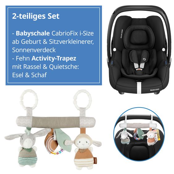 Maxi-Cosi Infant car seat CabrioFix i-Size from birth - 12 months (40-75 cm) & seat reducer, sun canopy incl. Fehn Activity Trapeze Donkey & Sheep - Essential Black