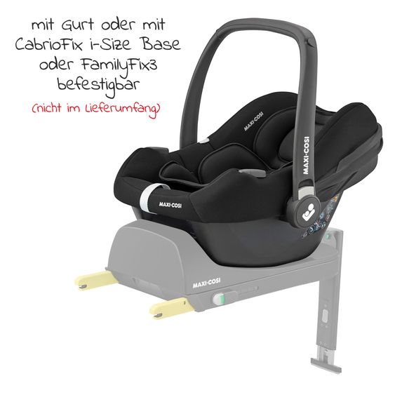 Maxi-Cosi Babyschale Babyschale CabrioFix i-Size ab Geburt - 12 Monate (40-75 cm) & Sitzverkleinerer, Sonnenverdeck inkl. Fehn Activity-Trapez Esel & Schaf - Essential Black