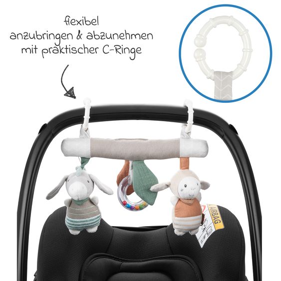 Maxi-Cosi Infant car seat CabrioFix i-Size from birth - 12 months (40-75 cm) & seat reducer, sun canopy incl. Fehn Activity Trapeze Donkey & Sheep - Essential Black