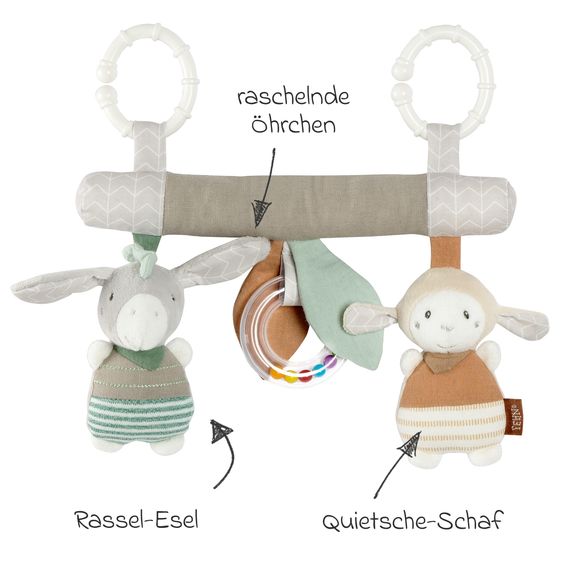 Maxi-Cosi Babyschale Babyschale CabrioFix i-Size ab Geburt - 12 Monate (40-75 cm) & Sitzverkleinerer, Sonnenverdeck inkl. Fehn Activity-Trapez Esel & Schaf - Essential Black