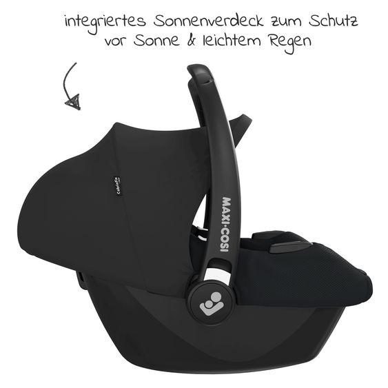 Maxi-Cosi Babyschale Babyschale CabrioFix i-Size ab Geburt - 12 Monate (40-75 cm) & Sitzverkleinerer, Sonnenverdeck inkl. Fehn Activity-Trapez Esel & Schaf - Essential Black