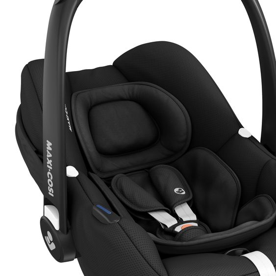 Maxi-Cosi Babyschale Babyschale CabrioFix i-Size ab Geburt - 12 Monate (40-75 cm) & Sitzverkleinerer, Sonnenverdeck inkl. Fehn Activity-Trapez Esel & Schaf - Essential Black