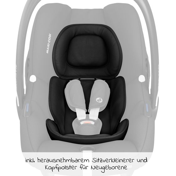 Maxi-Cosi Babyschale Babyschale CabrioFix i-Size ab Geburt - 12 Monate (40-75 cm) & Sitzverkleinerer, Sonnenverdeck inkl. Fehn Activity-Trapez Esel & Schaf - Essential Black