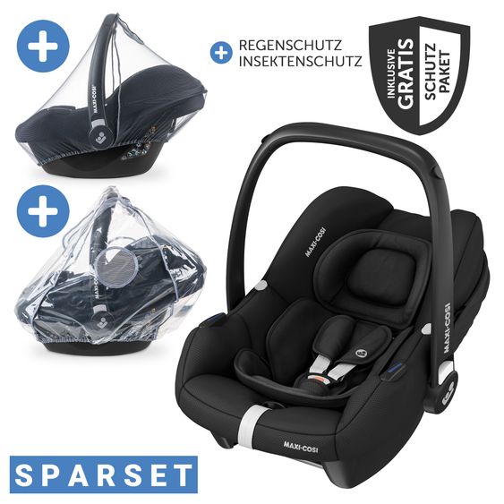 Maxi-Cosi Babyschale Babyschale CabrioFix i-Size ab Geburt - 12 Monate (40-75 cm) & Sitzverkleinerer, Sonnenverdeck, Regenschutz, Insektenschutz - Essential Black