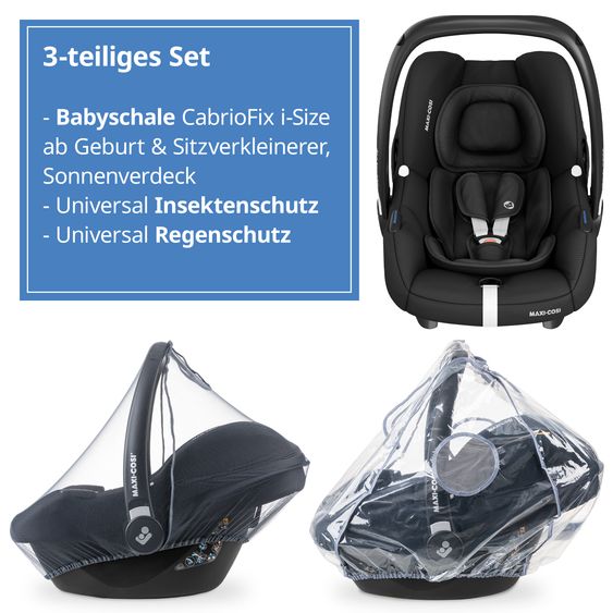 Maxi-Cosi Babyschale Babyschale CabrioFix i-Size ab Geburt - 12 Monate (40-75 cm) & Sitzverkleinerer, Sonnenverdeck, Regenschutz, Insektenschutz - Essential Black