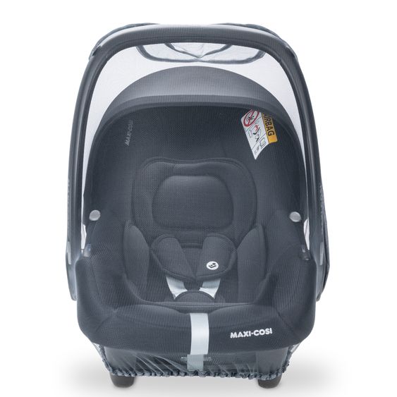 Maxi-Cosi Babyschale Babyschale CabrioFix i-Size ab Geburt - 12 Monate (40-75 cm) & Sitzverkleinerer, Sonnenverdeck, Regenschutz, Insektenschutz - Essential Black