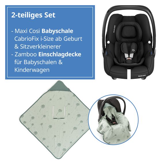 Maxi-Cosi CabrioFix i-Size infant car seat from birth - 12 months (40-75 cm) & seat reducer, sun canopy incl. dandelion blanket - Essential Black