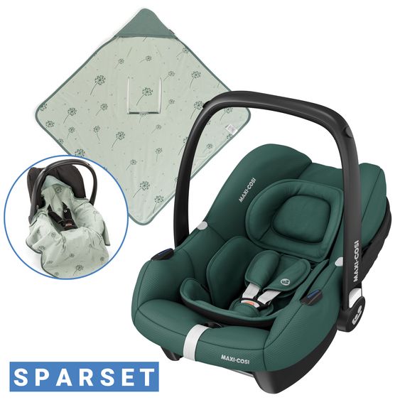 Maxi-Cosi CabrioFix i-Size infant car seat from birth - 12 months (40-75 cm) & seat reducer, sun canopy incl. dandelion blanket - Essential Green