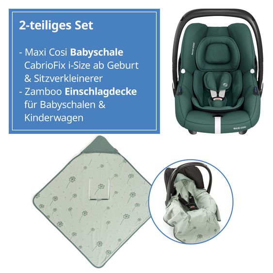 Maxi-Cosi CabrioFix i-Size infant car seat from birth - 12 months (40-75 cm) & seat reducer, sun canopy incl. dandelion blanket - Essential Green