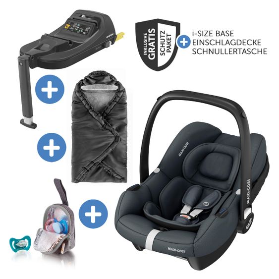 Maxi-Cosi Babyschale CabrioFix i-Size ab Geburt-12 Monate (40-75 cm) i-Size Base, Einschlagdecke & Schnullerbox - Essential Graphite