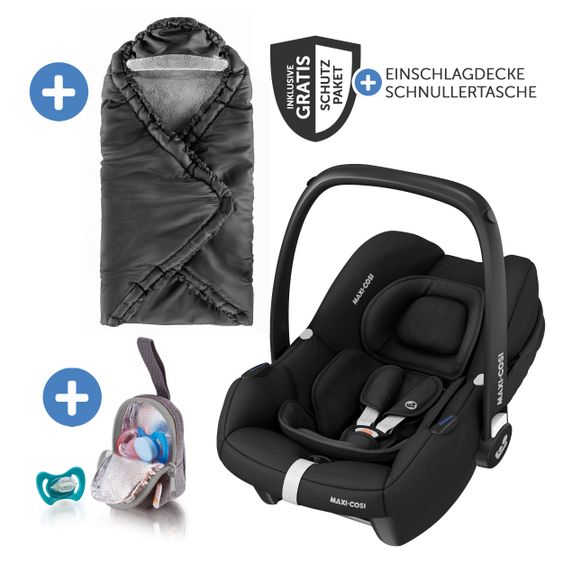 Maxi-Cosi Babyschale CabrioFix i-Size ab Geburt-12 Monate (40-75 cm) inkl. Einschlagdecke & Schnullerbox - Essential Black