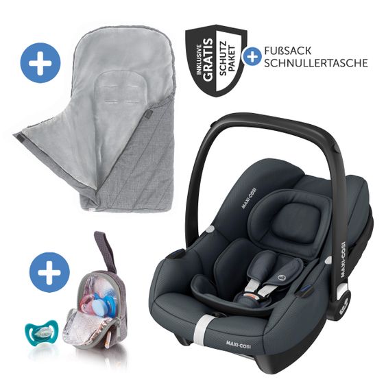 Maxi-Cosi Babyschale CabrioFix i-Size ab Geburt-12 Monate (40-75 cm) inkl. Fußsack & Schnullerbox - Essential Graphite