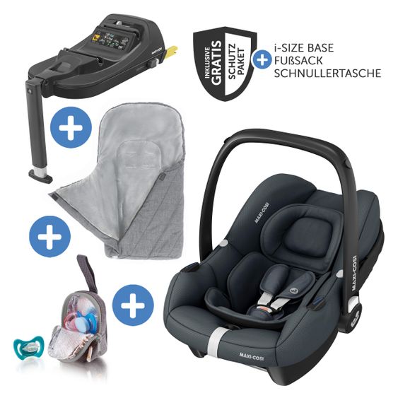 Maxi-Cosi Babyschale CabrioFix i-Size ab Geburt-12 Monate (40-75 cm) inkl. i-Size Base, Fußsack & Schnullerbox - Essential Graphite