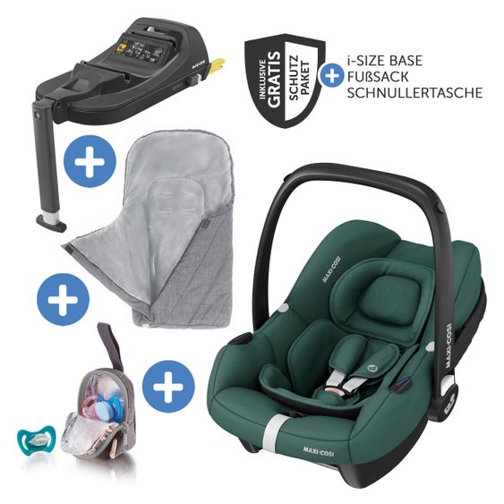 Maxi-Cosi Babyschale CabrioFix i-Size ab Geburt-12 Monate (40-75 cm) inkl. i-Size Base, Fußsack & Schnullerbox - Essential Green