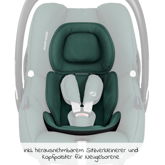 Maxi-Cosi Babyschale CabrioFix i-Size ab Geburt-12 Monate (40-75 cm) inkl. i-Size Base, Fußsack & Schnullerbox - Essential Green