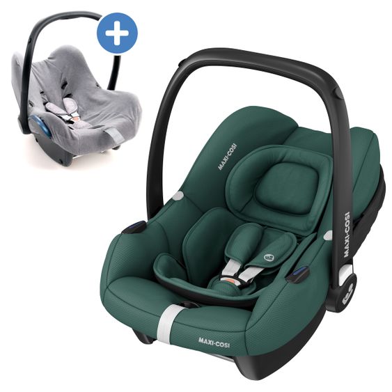 Maxi-Cosi Babyschale CabrioFix i-Size ab Geburt - 12 Monate (40-75 cm) & Zamboo Sommerbezug - Essential Green