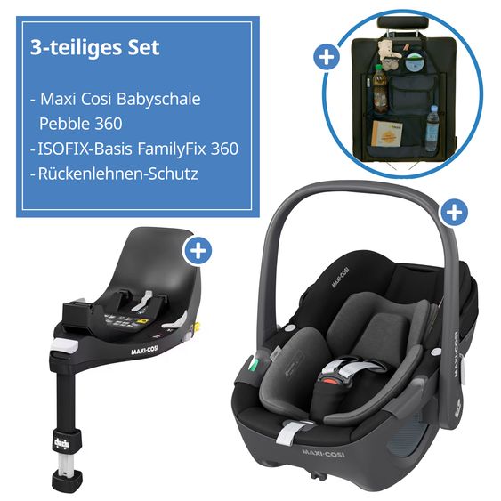 Maxi-Cosi Babyschale Pebble 360 i-Size drehbar ab Geburt - 15 Monate (40 cm - 83 cm) inkl. Isofix-Basis FamilyFix 360 & Rückenlehnenschutz - Essential Black