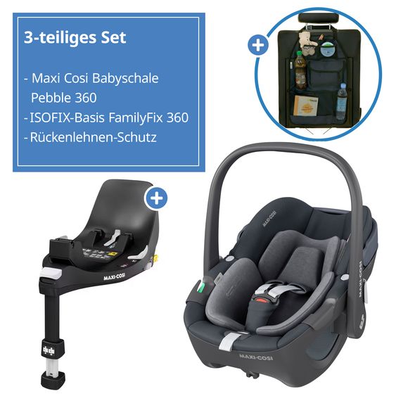 Maxi-Cosi Babyschale Pebble 360 i-Size drehbar ab Geburt - 15 Monate (40 cm - 83 cm) inkl. Isofix-Basis FamilyFix 360 & Rückenlehnenschutz - Essential Graphite