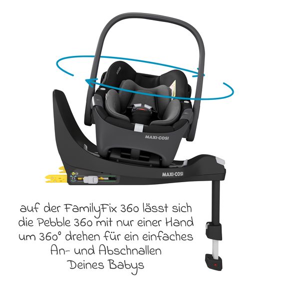 Maxi-Cosi Babyschale Pebble 360 i-Size drehbar ab Geburt - 15 Monate (40 cm - 83 cm) inkl. Isofix-Basis FamilyFix 360, Schutzunterlage & Schmusetuch - Essential Black