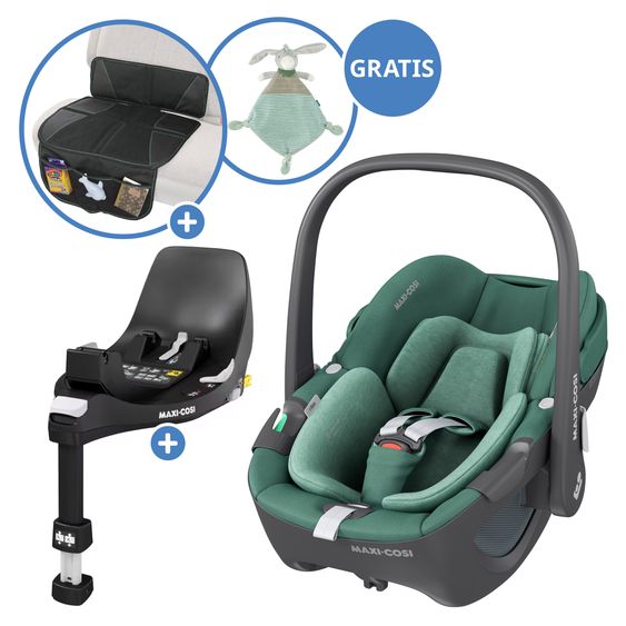 Maxi-Cosi Babyschale Pebble 360 i-Size drehbar ab Geburt - 15 Monate (40 cm - 83 cm) inkl. Isofix-Basis FamilyFix 360, Schutzunterlage & Schmusetuch - Essential Green