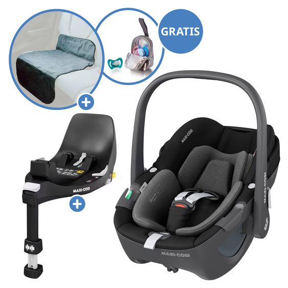 Maxi-Cosi Babyschale Pebble 360 i-Size drehbar ab Geburt - 15 Monate (40 cm - 83 cm) inkl. Isofix-Basis FamilyFix 360, Schutzunterlage & Schnullertasche - Essentiel Black