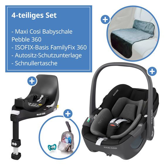 Maxi-Cosi Babyschale Pebble 360 i-Size drehbar ab Geburt - 15 Monate (40 cm - 83 cm) inkl. Isofix-Basis FamilyFix 360, Schutzunterlage & Schnullertasche - Essentiel Black