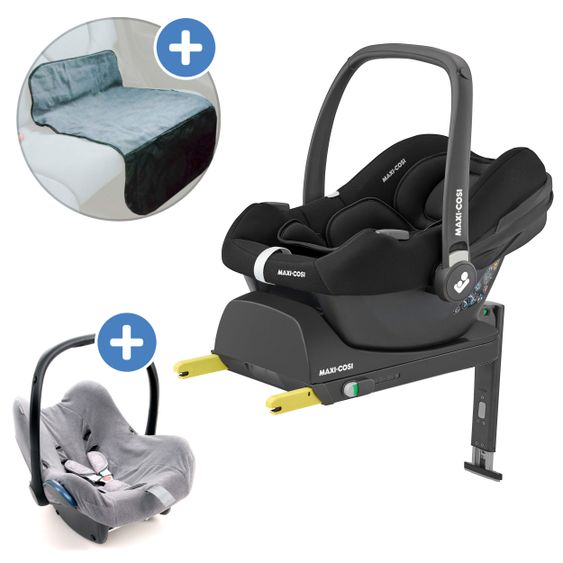 Maxi-Cosi Babyschalen-Set CabrioFix i-Size ab Geburt-12 Monate (40-75 cm) i-Size Base, Polsterschutz,Sommerbezug - Essential Black