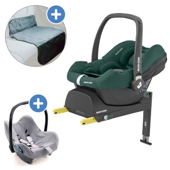 Maxi-Cosi Set seggiolino auto CabrioFix i-Size dalla nascita ai 15 mesi (40-75 cm) base i-Size, cuscino di protezione, copertina estiva - Essential Green