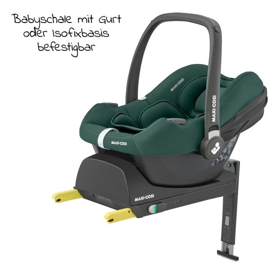 Maxi-Cosi Babyschalen-Set CabrioFix i-Size ab Geburt-12 Monate (40-75 cm) i-Size Base, Polsterschutz,Sommerbezug - Essential Green