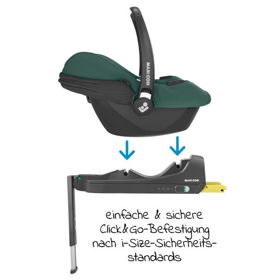 Maxi-Cosi Babyschalen-Set CabrioFix i-Size ab Geburt-12 Monate (40-75 cm) i-Size Base, Polsterschutz,Sommerbezug - Essential Green