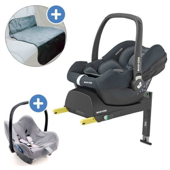 Maxi-Cosi Babyschalen-Set CabrioFix i-Size ab Geburt-12 Monate (40-75 cm) i-Size Base, Polsterschutz,Sommerbezug - Essential Graphite