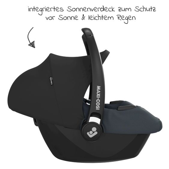 Maxi-Cosi Babyschalen-Set CabrioFix i-Size ab Geburt-12 Monate (40-75 cm) i-Size Base, Polsterschutz,Sommerbezug - Essential Graphite