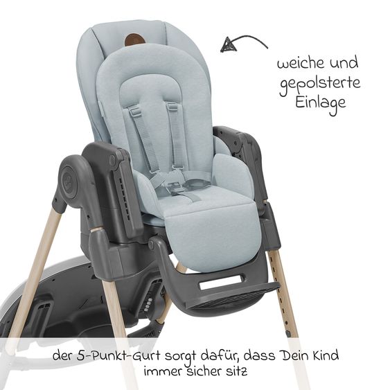 Maxi-Cosi Hochstuhl Minla mitwachsend ab Geburt - 14 Jahre - Hochstuhl, Babyliege mit Liegefunktion & Tablett - Beyound - Grey Eco