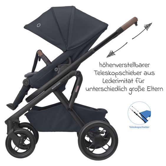 Maxi-Cosi Kombi-Kinderwagen Lila XP Plus inkl. Babywanne, geräumiger XL Korb bis 10 kg, umsetzbare Sitzeinheit, bis 22kg - Essential Graphite